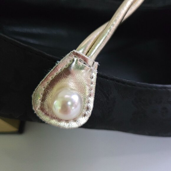 Jaquard Satin Gold Block Heel Cap Toe Pearl Detail Maryjane Shoes Size 40/9.5 - Picture 8 of 10